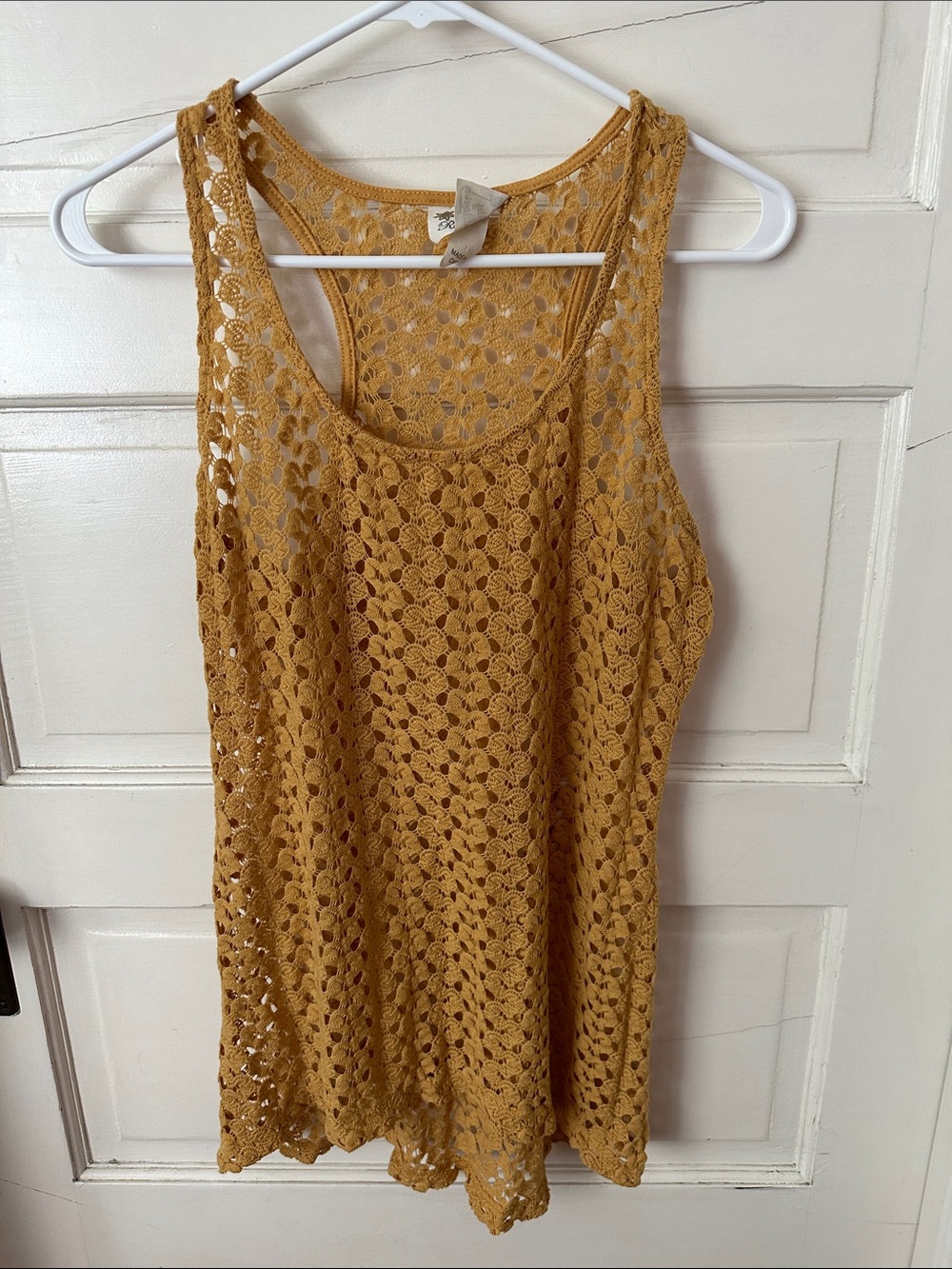 Pretty Rebellious Mustard Yellow Crochet Tank Top Racerback Sheer Beach Cover Up